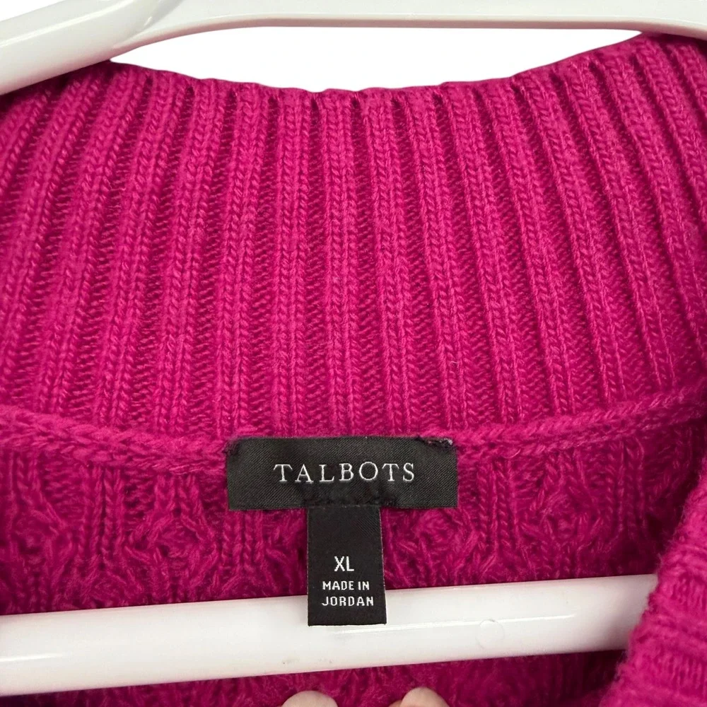 Talbots Womens XL Magenta Cable Knit Mock Neck Sweater Gold Button Cuffs
